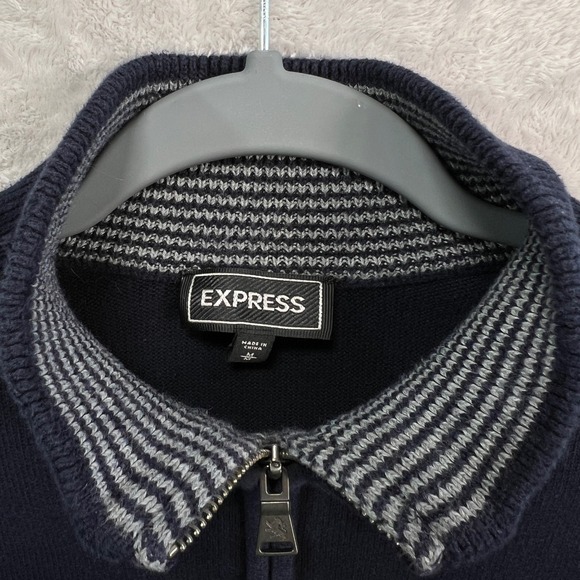 Express Mens M Navy Quarter Zip Pullover Sweater 100% Cotton Knit Lion Logo - Picture 6 of 12